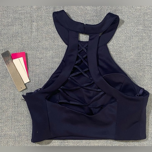 My Michelle Navy Blue Halter Criss-cross Back Cropped Top, Size 5 - Picture 2 of 9